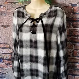 Lace Up Long Sleeve Plaid Puff Sleeves Top